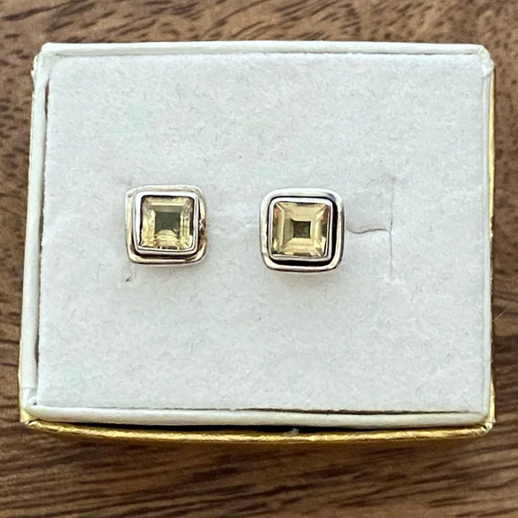 Vintage 925 Sterling Silver Citrine Gemstone Square Stud Earrings - Picture 2 of 15